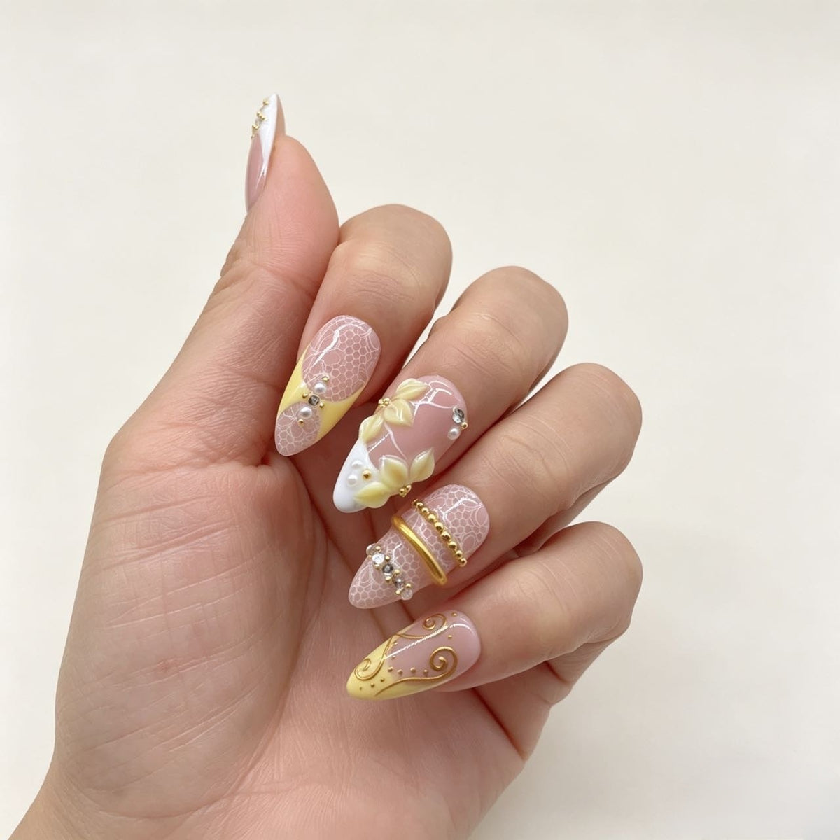 Daisy Cream | Nude Yellow Lace Almond Press On Nails