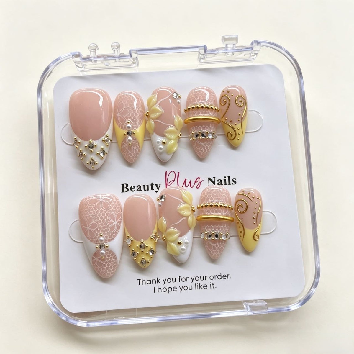 Daisy Cream | Nude Yellow Lace Almond Press On Nails