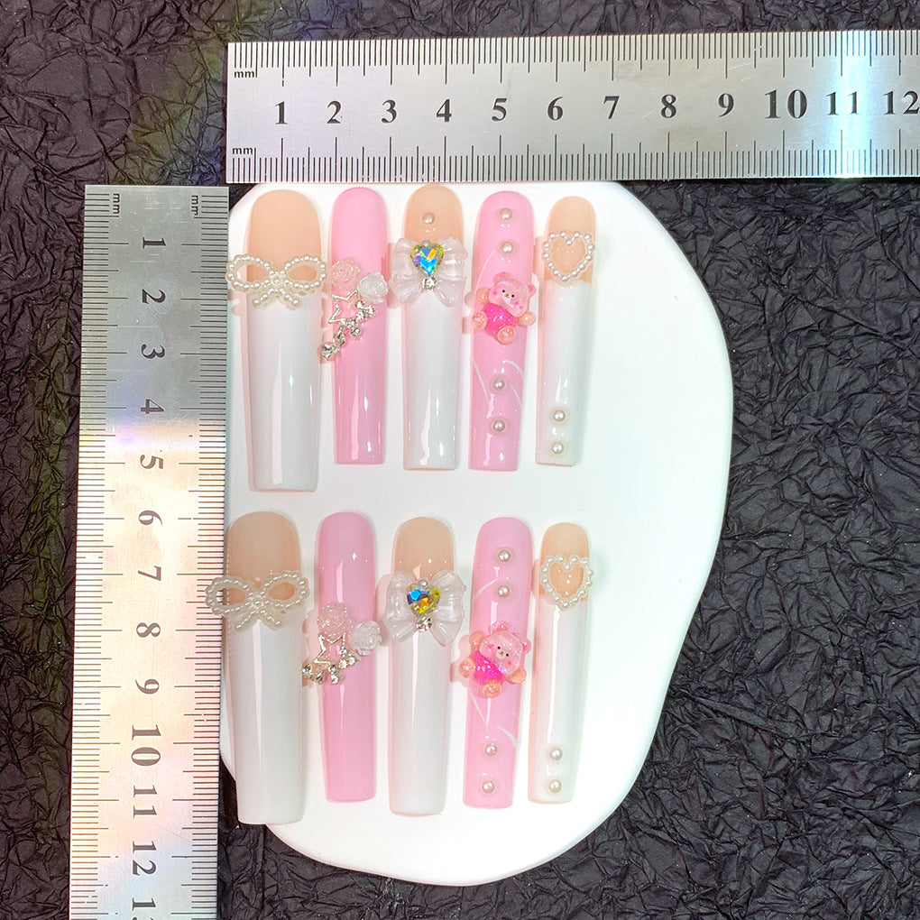 Cute Pink and White Bear Long Style Press on Nails