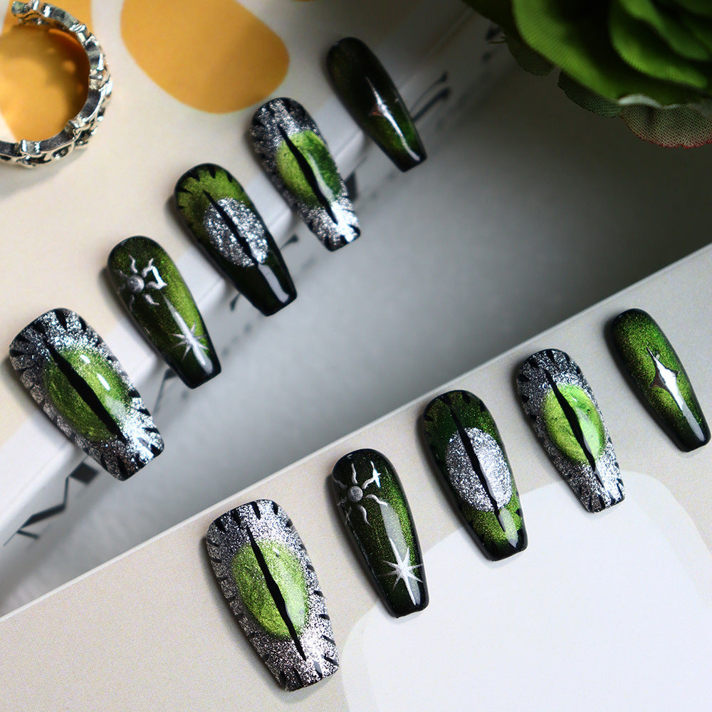 Dark Devil's Y2g Dark Green Cat's Eye Press On Nails Live No.63