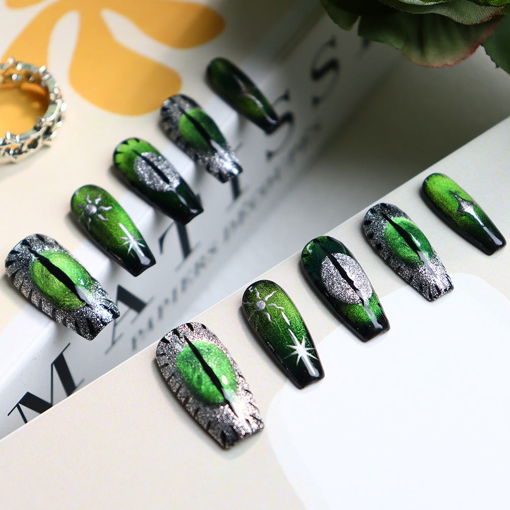 Dark Devil's Y2g Dark Green Cat's Eye Press On Nails Live No.63