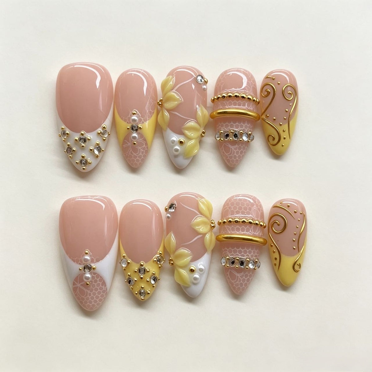 Daisy Cream | Nude Yellow Lace Almond Press On Nails