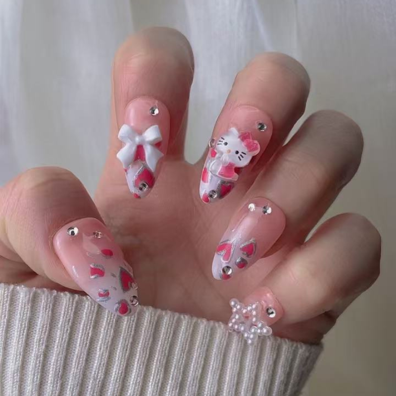 Handmade Almond-Shaped Cartoon Kitty press on nails No.80