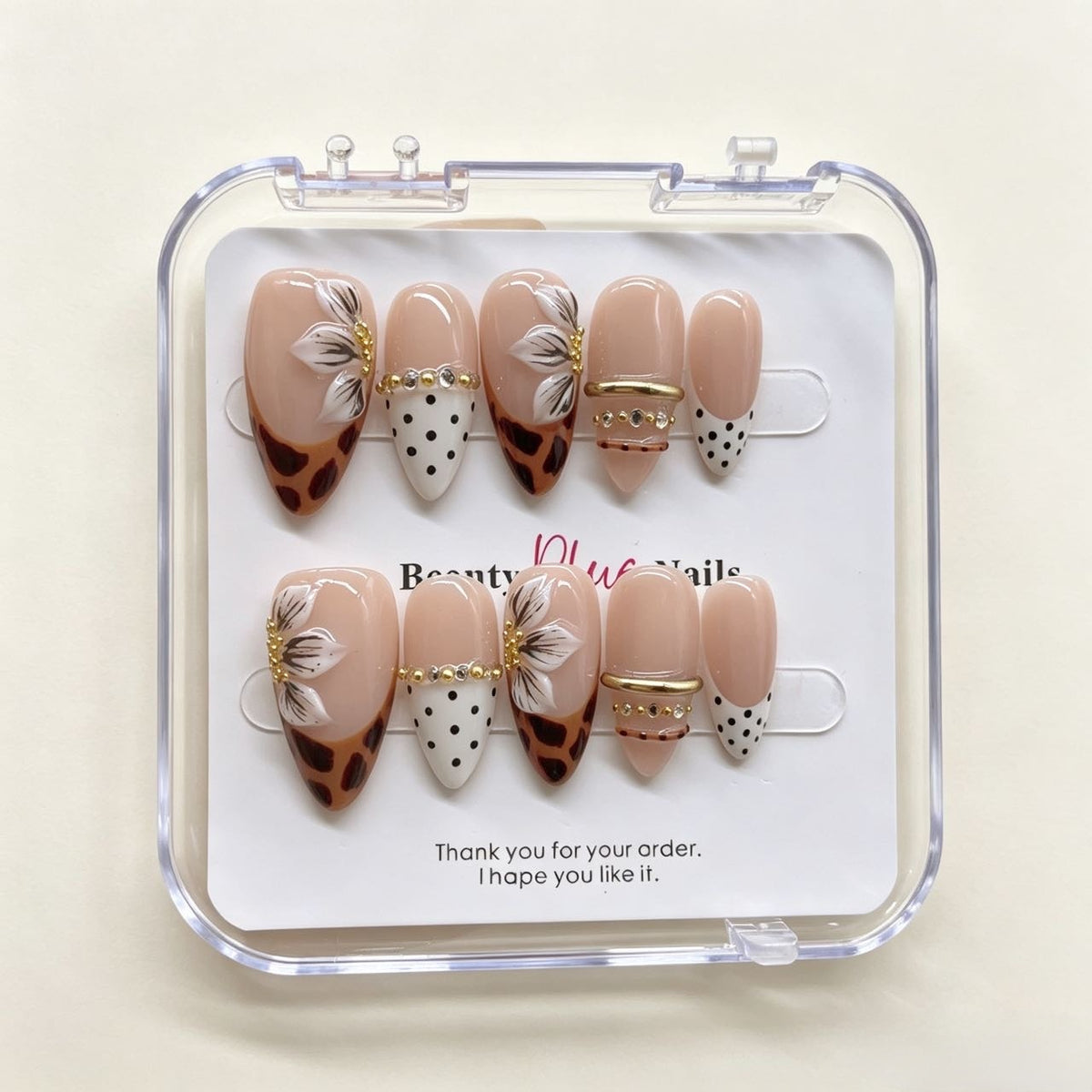 Tawny Bloom-Vintage Leopard Floral Almond Press on nails with Polka Dots