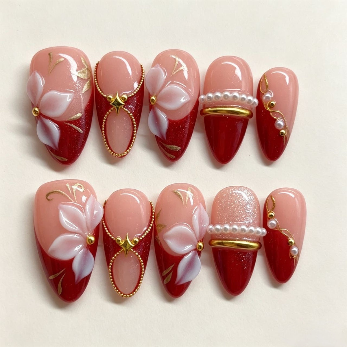 Scarlet Bloom | Red Nude 3D Flower Almond Press On Nails with Pearl & Gold Chain