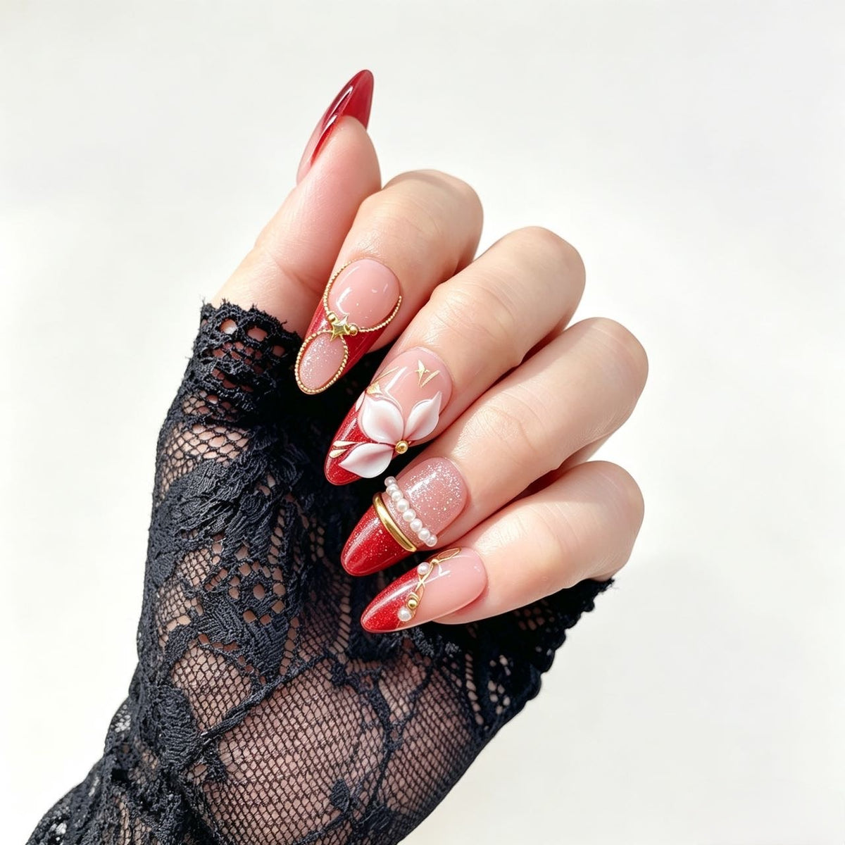 Scarlet Bloom | Red Nude 3D Flower Almond Press On Nails with Pearl & Gold Chain