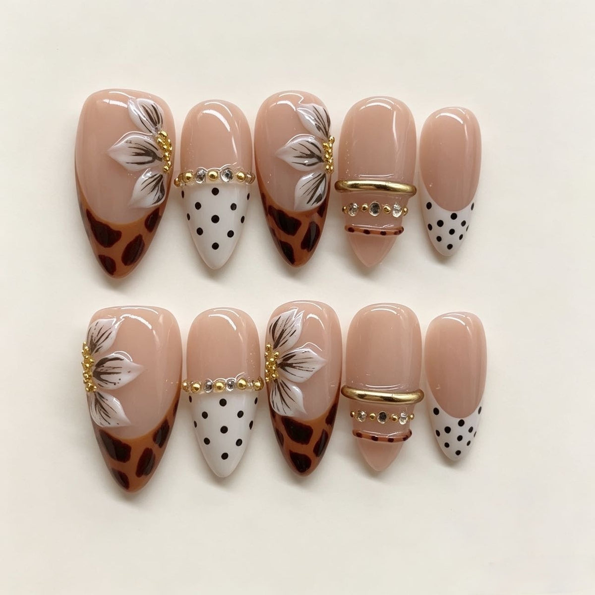 Tawny Bloom-Vintage Leopard Floral Almond Press on nails with Polka Dots