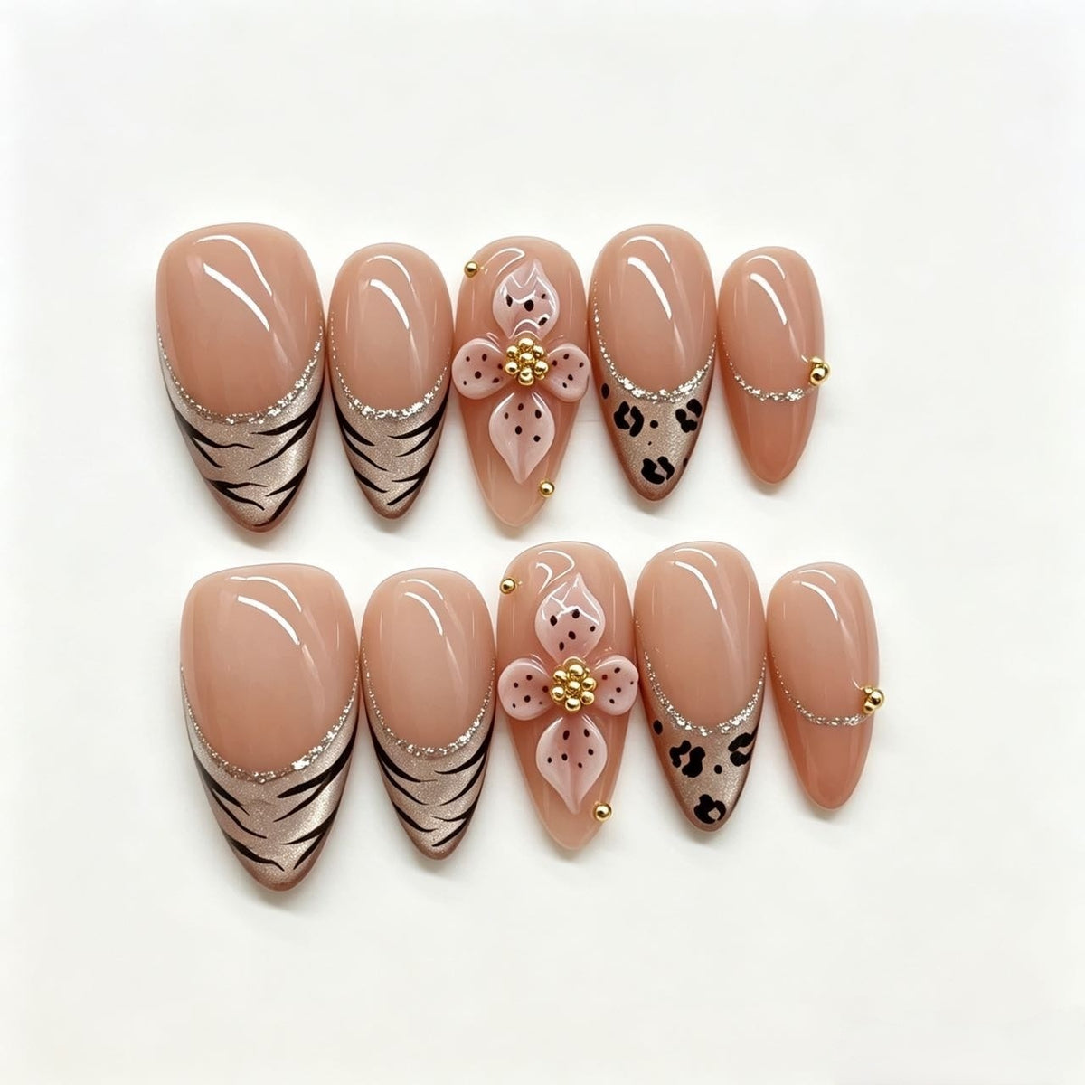 Savage Bloom | Luxury Almond 3D Flower Leopard Tiger Print Press On Nails