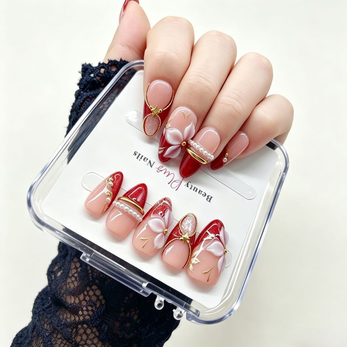 Scarlet Bloom | Red Nude 3D Flower Almond Press On Nails with Pearl & Gold Chain